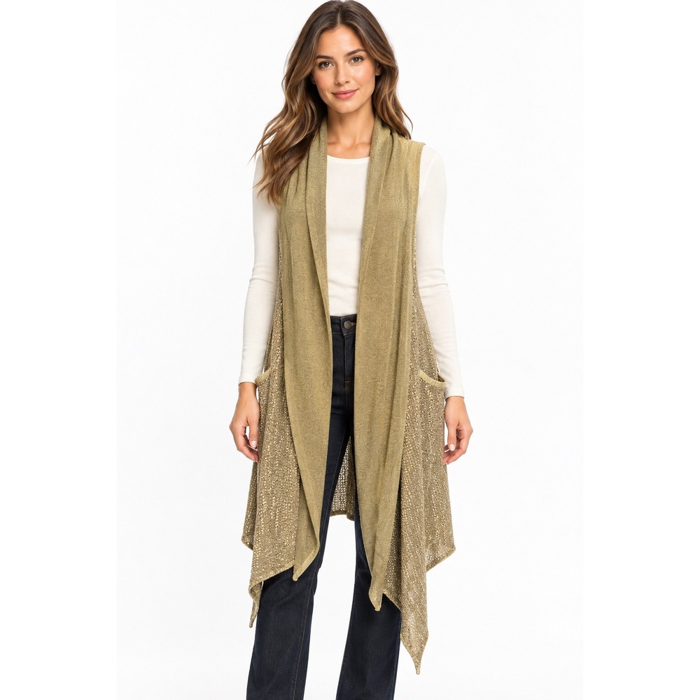 NWT Curio Women Olive Green Metallic Mixed Yarn Draped Open Front Vest Size M